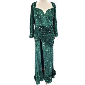 NWT Fitted Long Sleeve Sequin Gown with Leg Slit and Corset Back